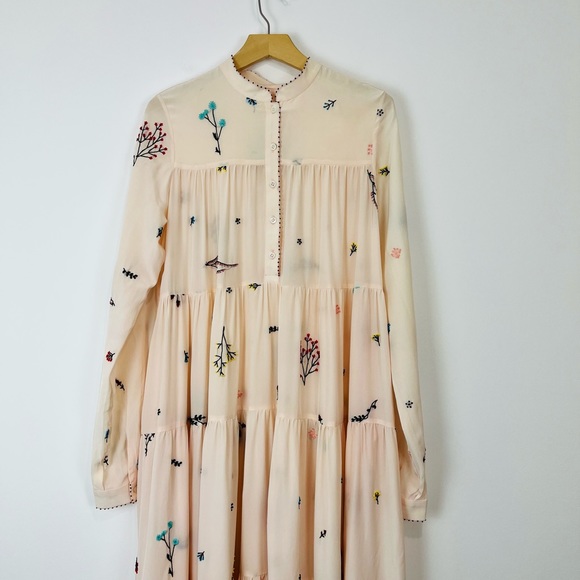 An An Londree Peach Pink Floral Embroidered Tiered 100% Silk Maxi Dress UK S - Picture 2 of 15